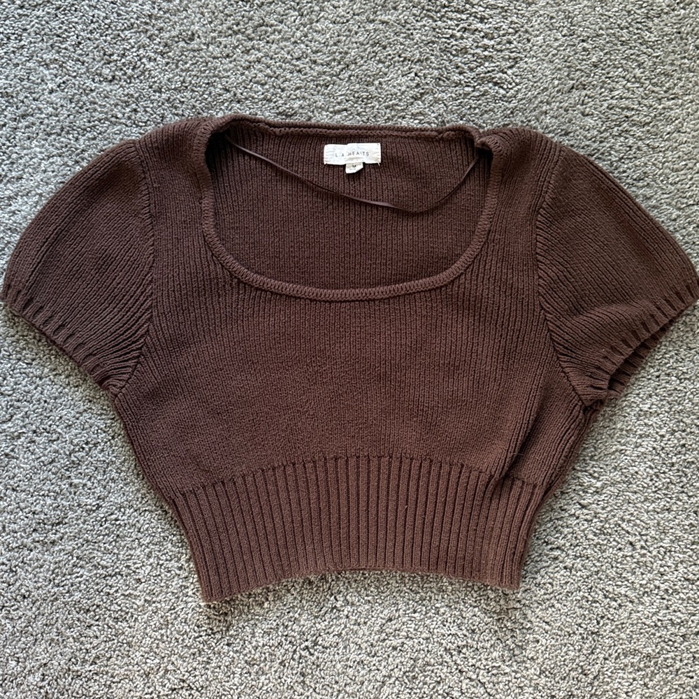 Cropped Brown Short Sleeve Knit Sweater Top
